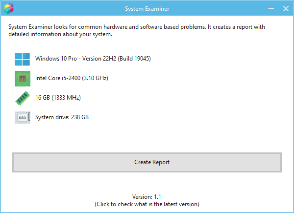 System Examiner showing the operating system, processor, memory and system drive